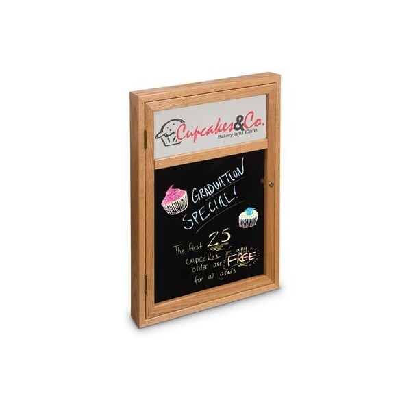 18"x24" 1-Door Enclosed Wet/Dry Erase, Header, Black Board/Walnut